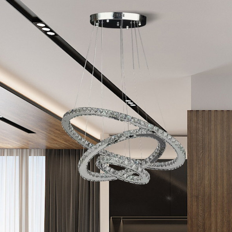 Lustre à télécommande réglable à intensité variable de 11,8 po à 47,2 po de hauteur réglable à trois anneaux en cristal blanc pur blanc moderne