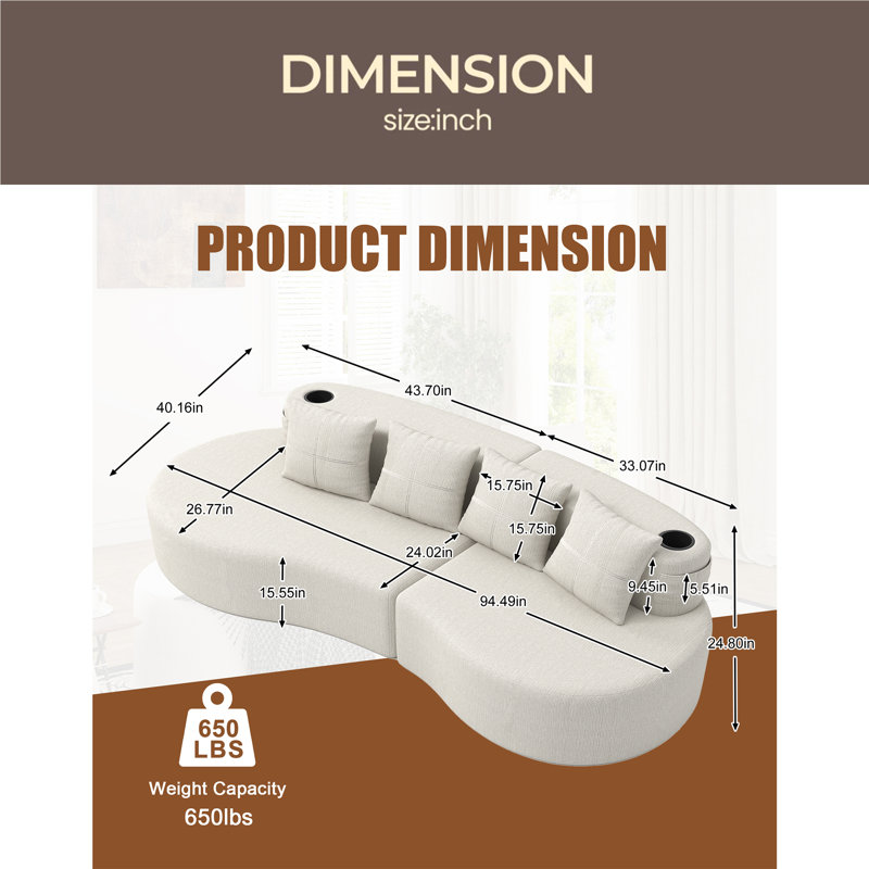 Canapé modulaire courbé moderne modulaire 3 places, Beige