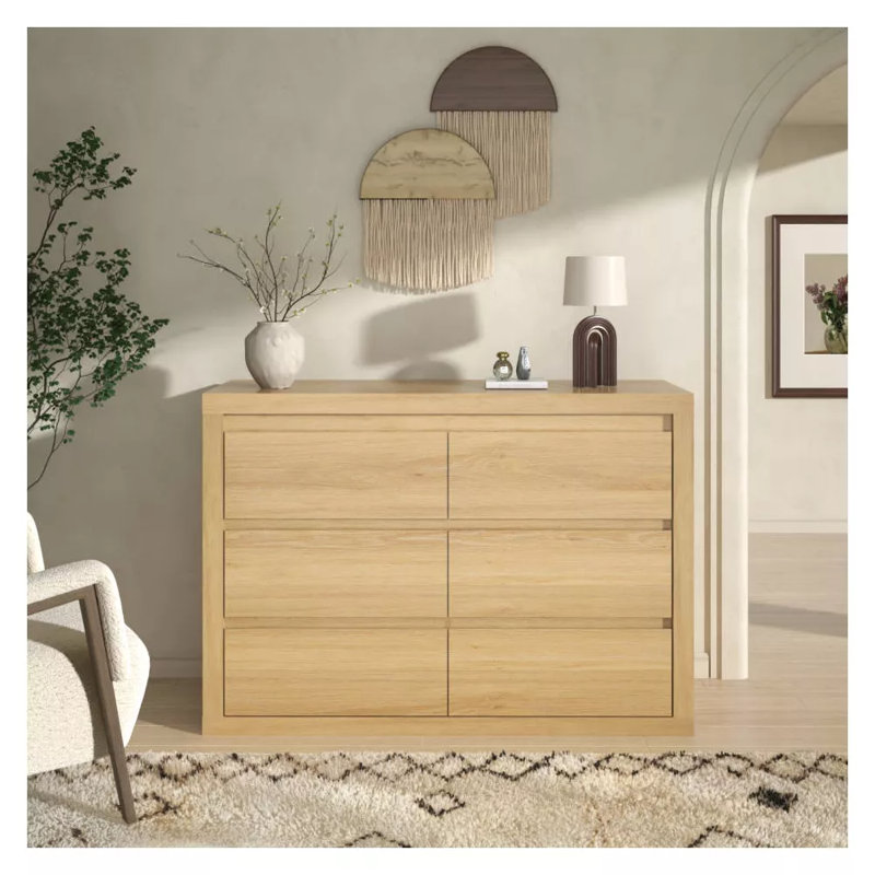 Commode 6 tiroirs moderne en bois avec design sans poignée, large commode de rangement pour le salon de la chambre, Naturel