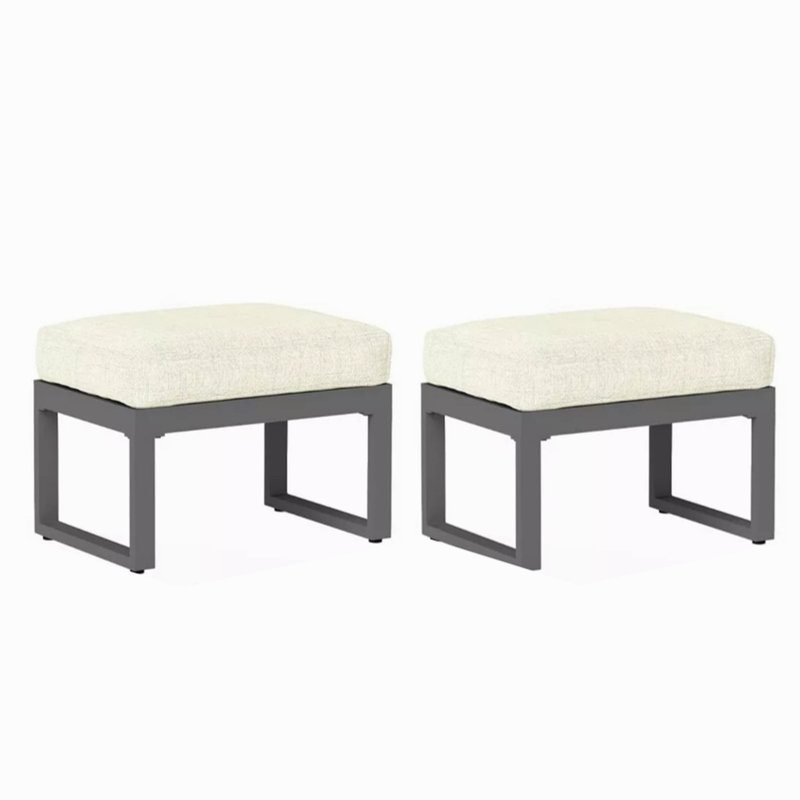 Set Of 2 26" All-Weather Aluminum Patio Ottomans Footrests With Thick Beige Cushions With Black Frame, Beige