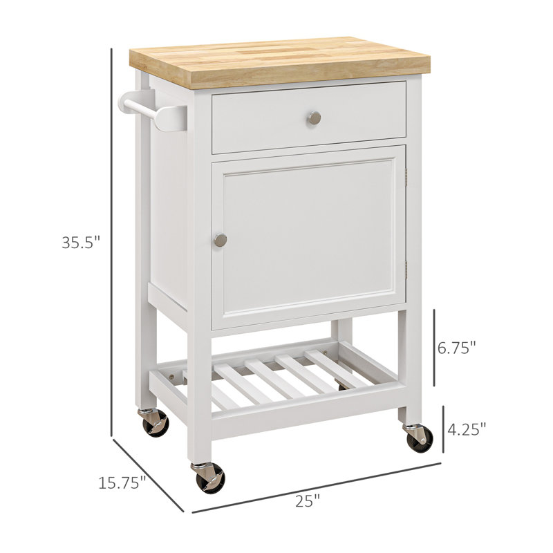 Versatile Rolling Kitchen Cart With Sturdy Rubberwood Top And Abundant Storage, White