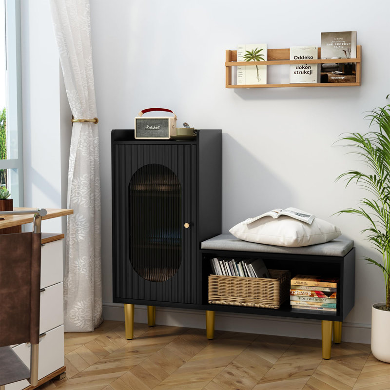 Storage Bench with Glass Doors and Shelves, Noir, noir, noir, noir