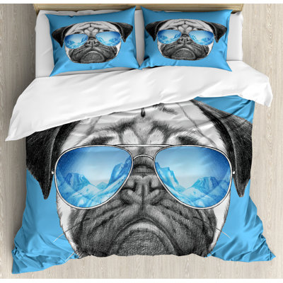 Ambesonne Pug Duvet Cover Set, Portrait with Sunglasses, Calking, Black Pearl Blue -  nev_41885_calking