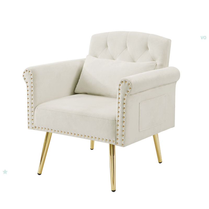 Fauteuil en velours avec pieds en métal, Velours blanc cassé