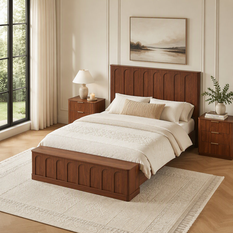 Structure de lit avec rangement, lit plateforme moderne en bois de style Mid-Century avec banc de pied de lit, panneau arqué, aucun sommier nécessaire