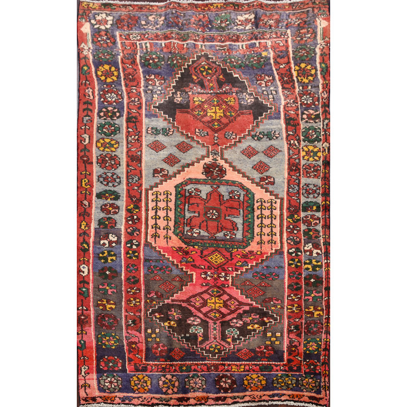 Tapis décoratif en laine noué à la main bleu/rouge malayer de conception unique 3 pi 10 po x 5 pi 10 po 1970