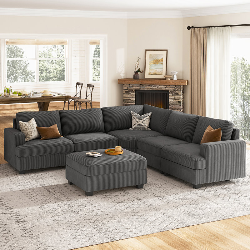 Zanavia U-Shaped Polyester Sectional Sofa Modular Sectional With Storage Ottoman, Gray Corduroy, No
