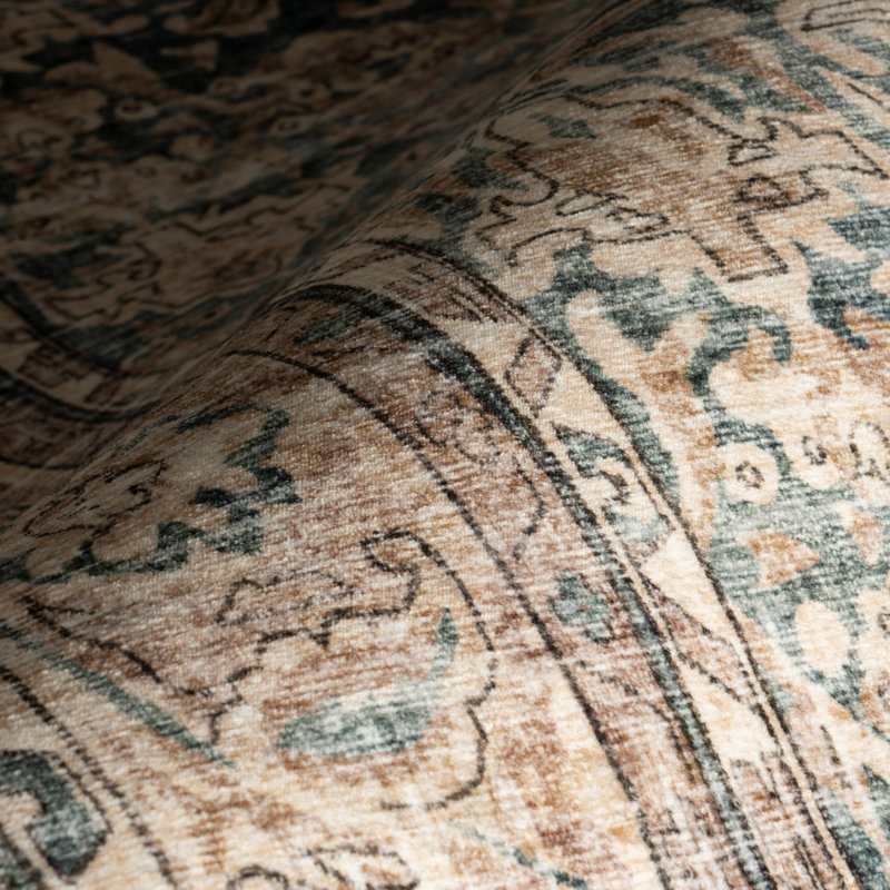  Luned Bordered Traditional Washable Area Rug, Rectangle 9' x 12'