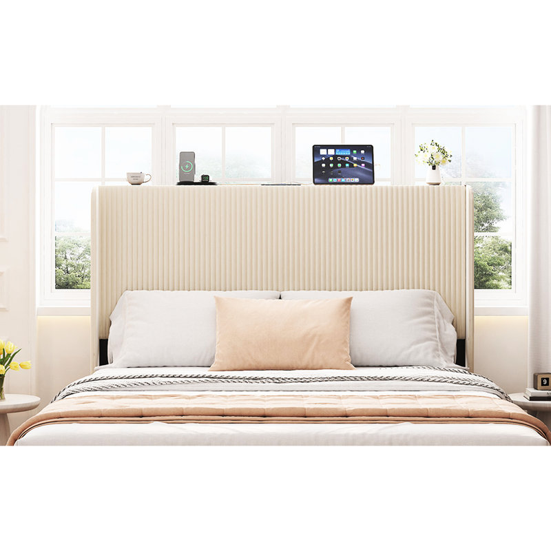Full Size Platform Bed , Metal Bed Frame With Charging Station, No Box Spring Needed, (Beige), Noise Free,Easy Assemble.