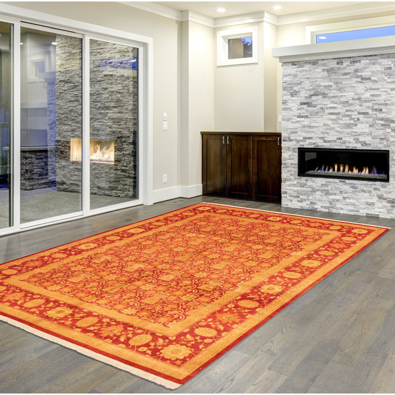 Tapis rouge en laine nouée à la main de conception unique 9 pi 1 po x 12 pi 2 po nouvel âge Yaak