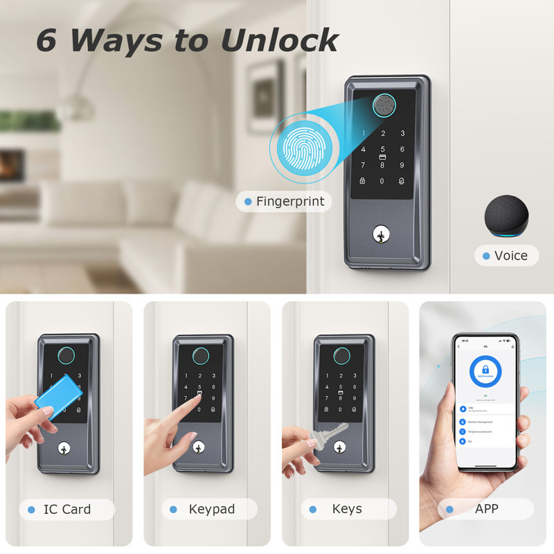 G6 Smart Keyless Entry Door Lock with Handle - APP & 2.4G Wi-Fi Control, Built-in Doorbell, Fingerprint & Keypad, Dark Grey