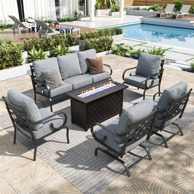 7 Person Outdoor Patio Seating Set With 2 Rocking Lounge Chairs & Optional Firepit Table