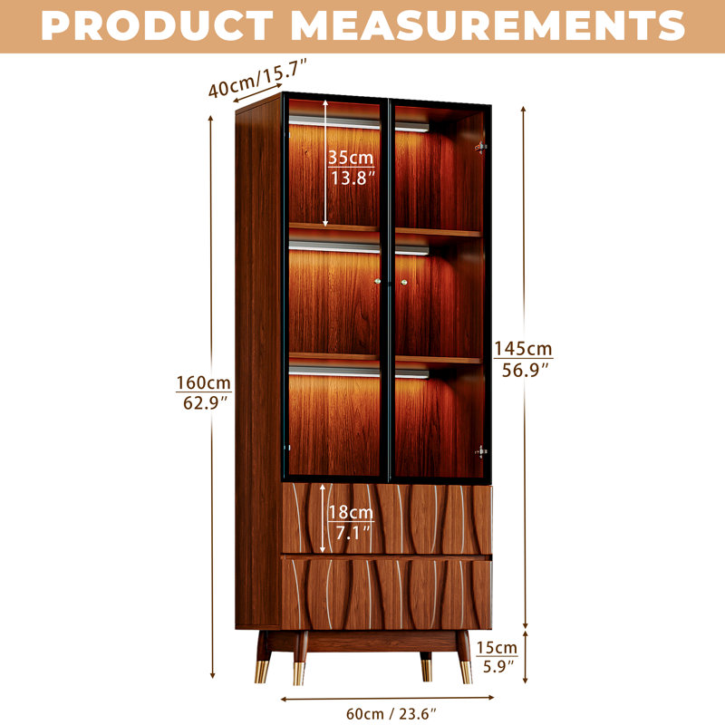 63''H 3-Tier Walnut Finish Glass Display Shelves With 2 Drawers For Collectibles, Mid Century Modern Wooden Curio Cabinet With Storage And Glass Doors, Brown Hutch Case With Light For Living Room And Kitchen, Pack Of 2