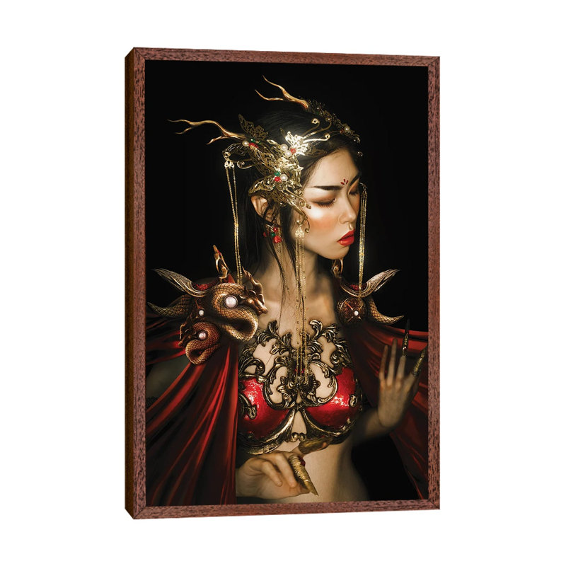 Red Dragon by Lillian Liu - Print on Canvas, Classic Brown Wood Floater Framed, 101.6cm H x 66.04cm W x 3.81cm D