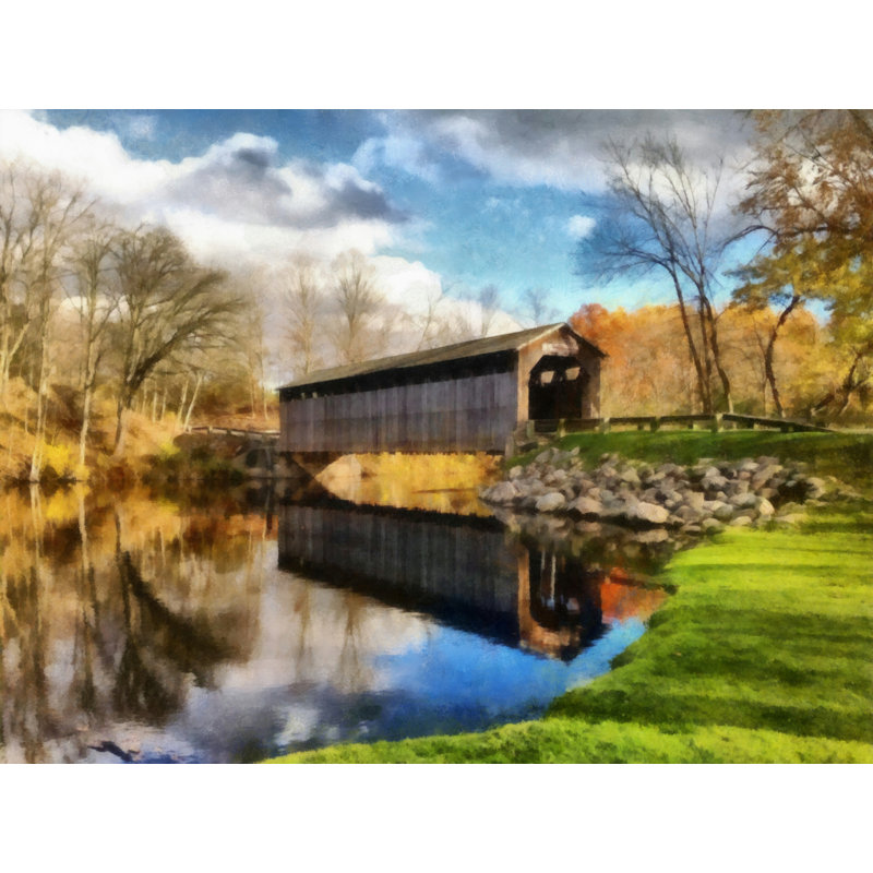 Fallasburg Bridge in Fall - reproduction d'art sur toile tendue, H 24 po x l 32 po