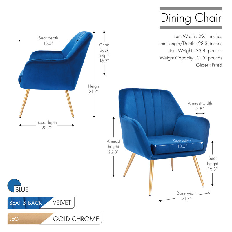 41.4cm H Velvet Upholstered Armchair, Blue