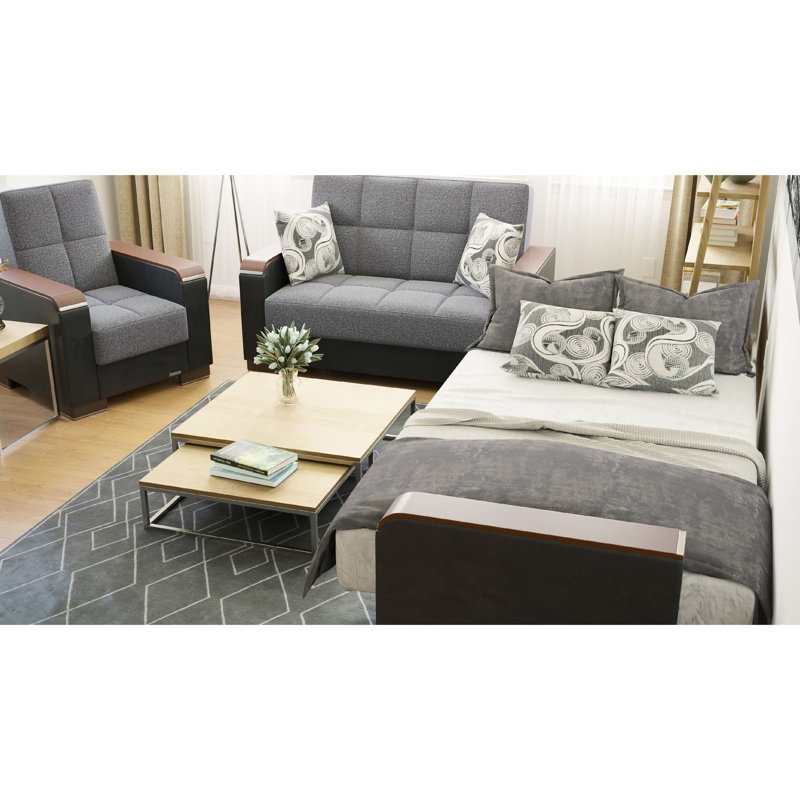 Rembourré avec rangement et garniture en bois, microfibre grise / noire, collection X pour un appartement confortable avec rangement, microfibre rembourrée, chambre à coucher confortable