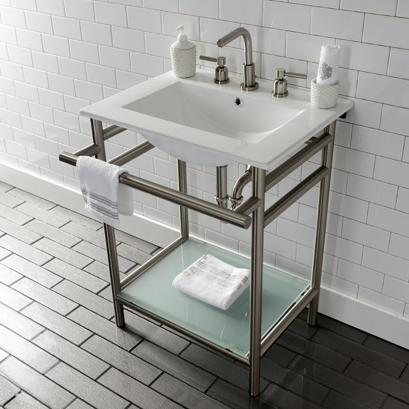 Kingston Brass Sheridan 24-Inch Ceramic Console Sink with Stainless Steel Legs and Glass Shelf (3-Hole), 8" Centers