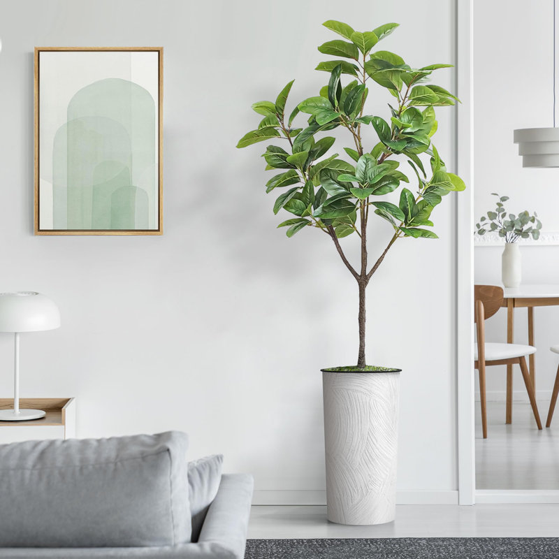 Artificial Tree in Modern Geometric Pattern Planter Fake Rubber Silk Tree (Plant Pot Plus Tree), Scrathes Off White