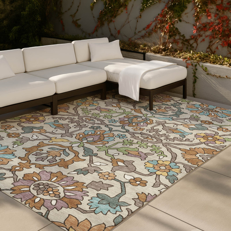 Machine Washable Indoor/Outdoor Chantille ACN2587 Floral Rug, Beige, 10' x 14'