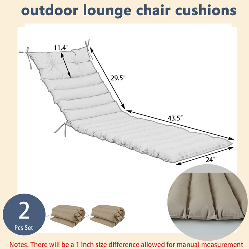 2 Pcs Chaise Lounge Cushions Outdoor, 73''l X 24''w, Waterproof And Fade Resistant Sun Lounger Replacement Cushions, Khaki