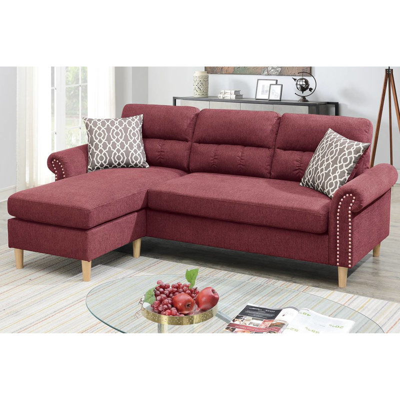 Canapé modulaire réversible en velours rouge avec coussins, méridienne et têtes de clou Paprika, Chenille rouge