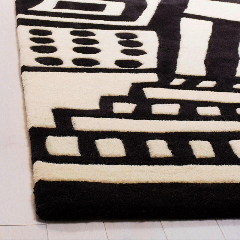 Tapis ivoire / noir en laine touffeté à la main Chehalis, Rectangle 3 pi x 5 pi