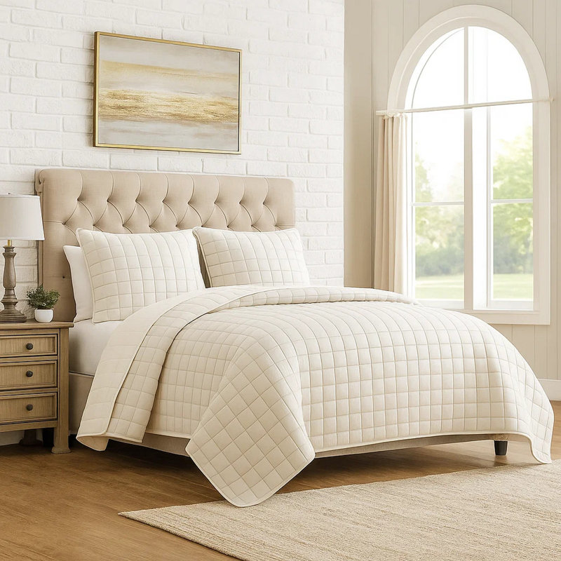 Microfiber 3 Piece Coverlet Set, King Comforter + 2 Additional Pieces, Cream