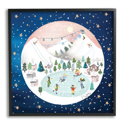 «Ice Skating Christmas Snow Scene» encadré sur bois par Lemon & Sugar, impression