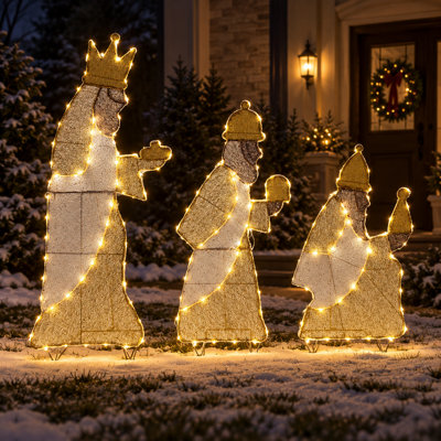 Crèche lumineuse de 122 cm (48 po) de haut représentant les Rois mages, décorations de Noël extérieures pour jardin avec 165 lumières DEL blanc chaud, structure en métal à paillettes pour pelouse, porche et intérieur.