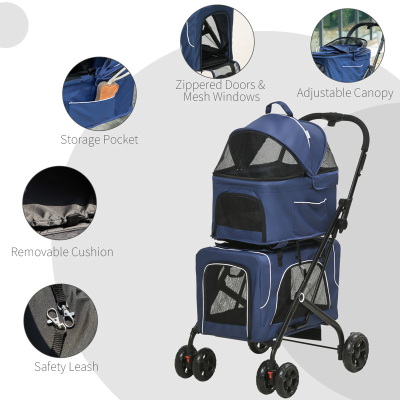 Foldable Pet Stroller with Detachable Carrier, Dark Blue
