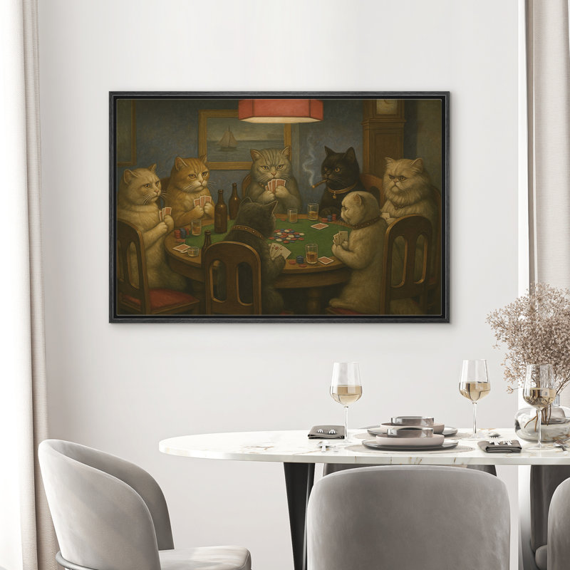 Chats jouant au poker, jeu d'animal fantaisiste, nuit, homme des cavernes, impression sur toile encadrée, H 16 po x l 24 po
