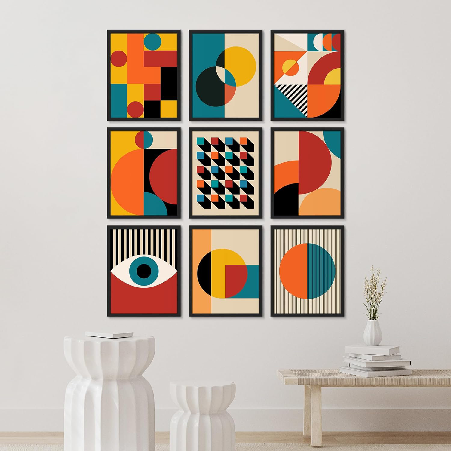 Colorful Geometric Abstract Shapes Poster Mid Century Modern Wall Art  Minimalist Decor Framed On Paper 9 Pieces Print