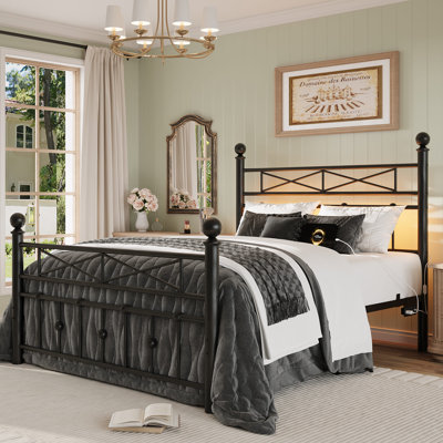 Victorian Vintage Iron Platform Bed Frame with LED Lights and Charging Station, Under-Bed Storage