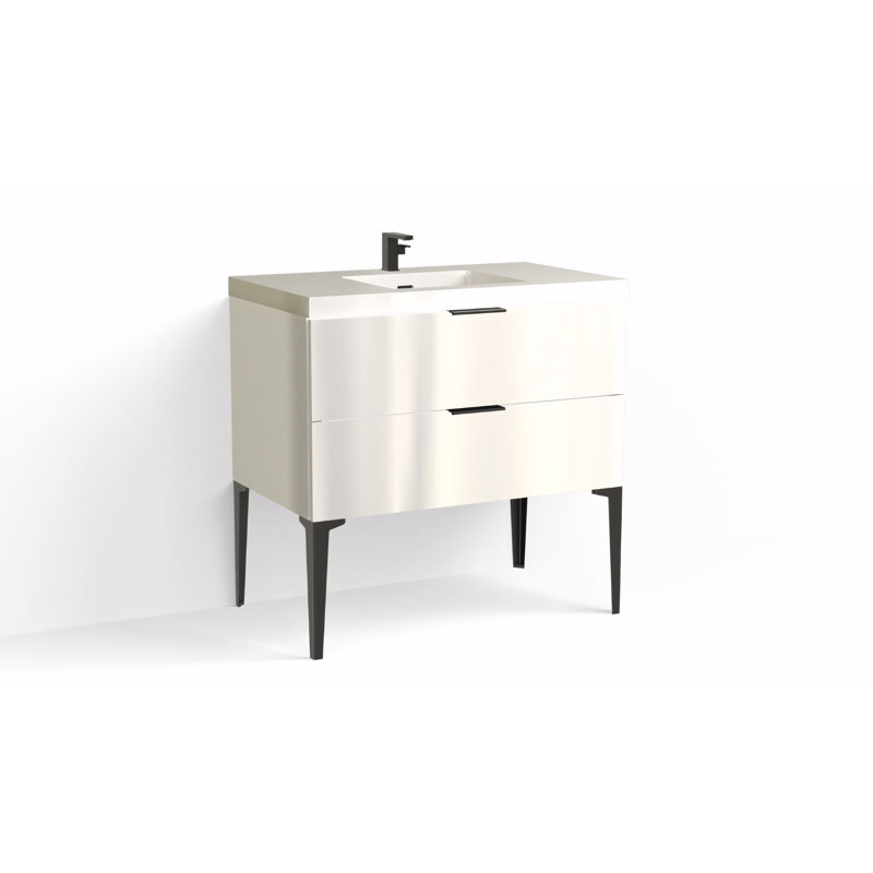 Avila 36" W Freestanding Single Bathroom Vanity with Dean Leg, Matte Black, White Acrylic, Gloss White/Single