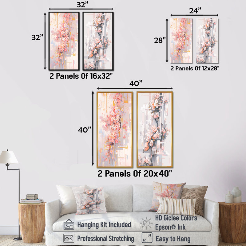 Contemporary Cherry Blossom Bold Stripes - Ensemble d'art mural sur toile cerise, Toile tendue, H 28 po x l 25 po