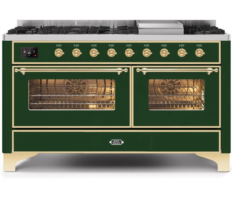 ILVE Majestic II Series 60 inch Dual Fuel Range with 9 Burners, Griddle (Glass Door, Natural Gas)), Emerald Green/Brass