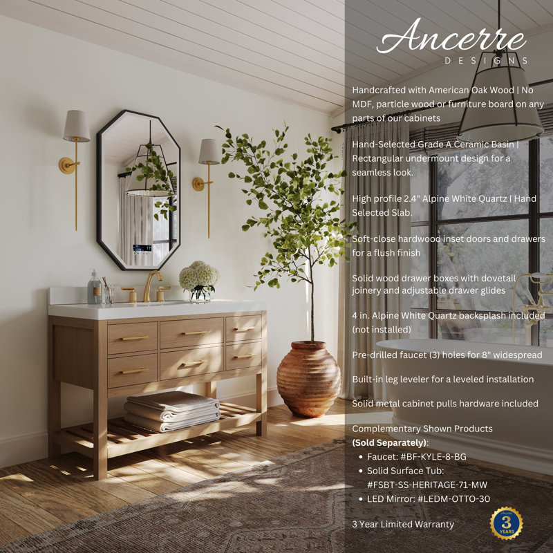 Elizabeth 48'' W Single Vanity, Oak/Rose Gold, Pure White Quartz