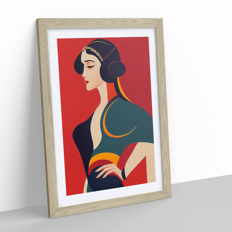 XV1022-5304X Woman Art Deco Style No.4 1 Piece Single Picture Frame Wall Art, 34cm H x 25cm W x 2cm D, Oak