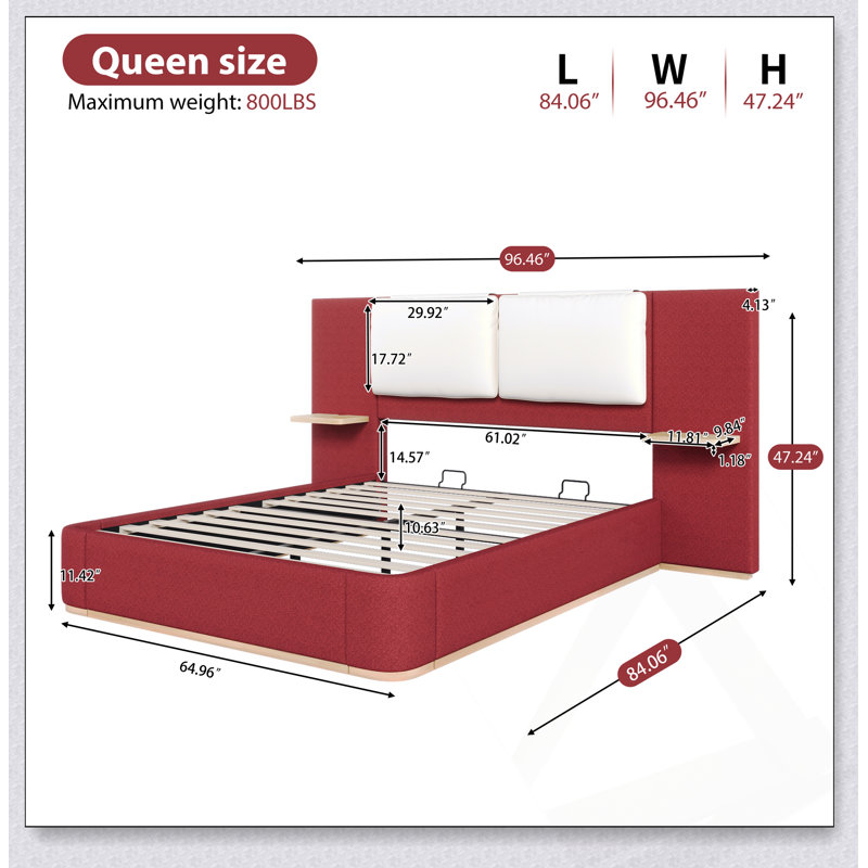 Lit plateforme tapissier avec panneau, structure stable, coins arrondis doux, sans sommier, facile à assembler, Red, Queen