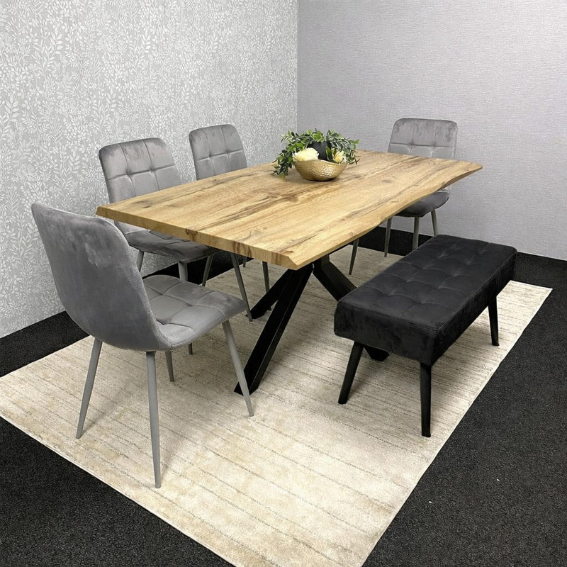 Wooden Dining Table with 4 Chairs and 1 bench Dining Kitchen Room Furniture, 75"H x 140"L x 80"W, Grey/Black