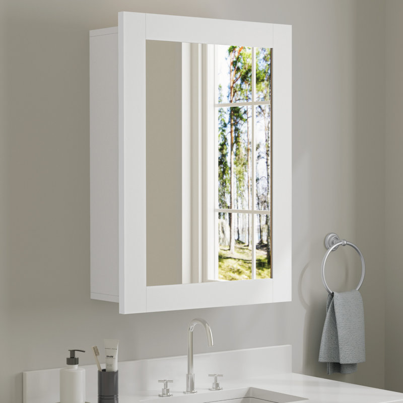 20" W X 28" H Wide Frame White Wood Medicine Cabinet with Mirror, Adjustable Shelves, Soft-Close Hinges and Reversible Door, Wall-Mount or Recessed for Makeup, Shaving or Bathroom Vanity Storage