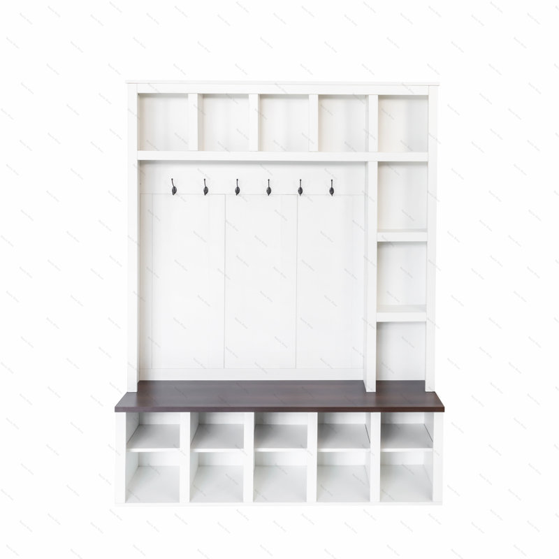 ON-TREND Farmhouse Wooden Style Hall Tree with 6 Hooks, Practical Walnut Storage Bench with Adjustable Shelves,  4-in-1 Entryway Shoe Cabinet with 13 Cubbies for Mudroom, Living Room, White, 76.7"H