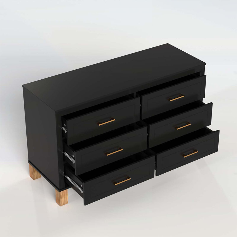 6-Drawer Storage Cabinet with Metal Handles and Wood Legs, Black
