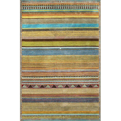 Yellow Toned Stripe Patterned Woven Base Washable Rug