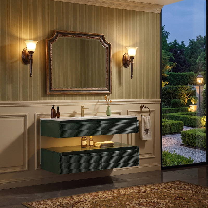 Meuble-lavabo suspendu de 122 cm (L) x 53 cm (P) avec comptoir en pierre, éclairage DEL intégré, design cannelé à deux niveaux, tiroirs à fermeture amortie, vert