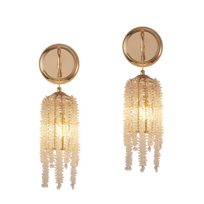 Set Of 2 Gold Wall Sconces With Crystal Bead Strings Elegant Hanging Light Fixtures, E12 Socket (Bulbs Not Included)