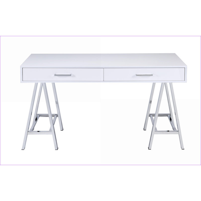 Bureaux d'écriture avec port USB, blanc brillant et amp; Finition chromée, 2 tiroirs | Chrome | Blanc, Blanc