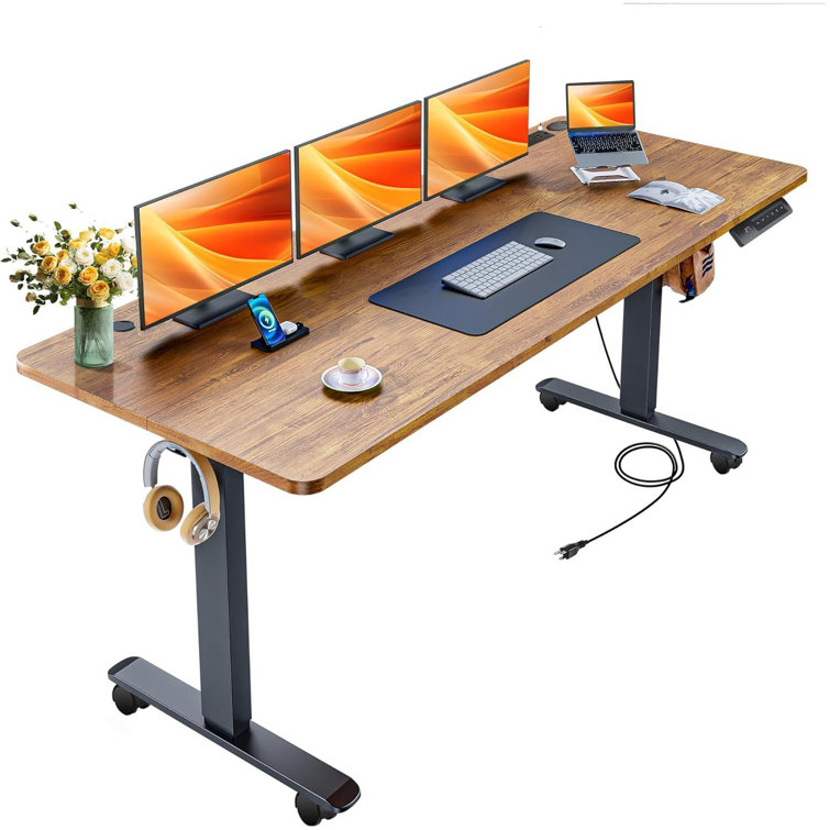 Hubing Electric Height Adjustable Standing Desk With 2 Usb Ports And 3 Power Outlets，4 Lockable Casters, 2 Hooks, Big Mouse Pad