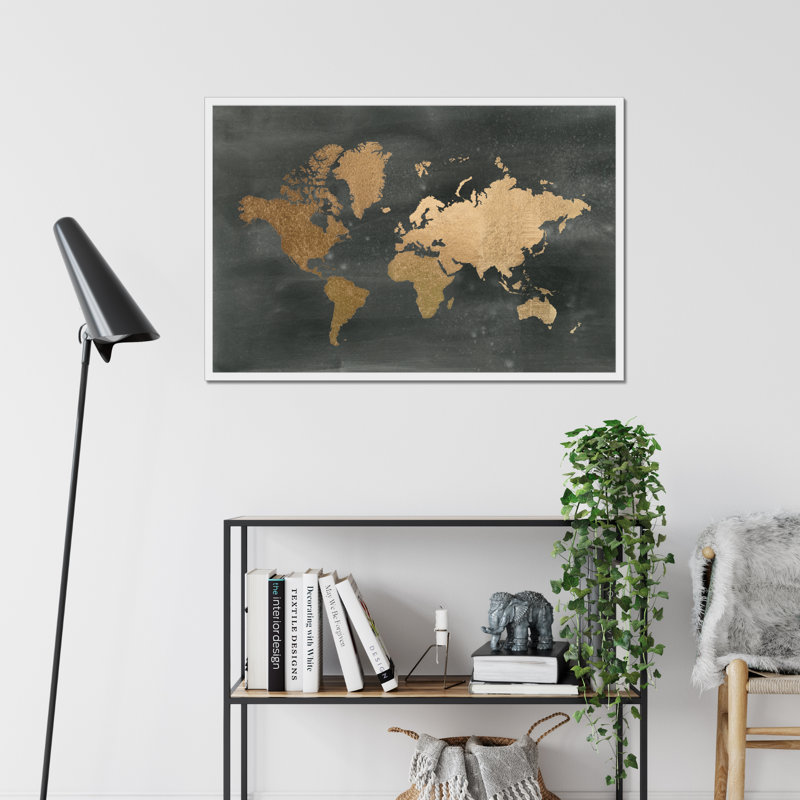 Gold World Map On Black Wash by Jennifer Goldberger - Print, 65cm H x 95cm W, White Framed Paper Print